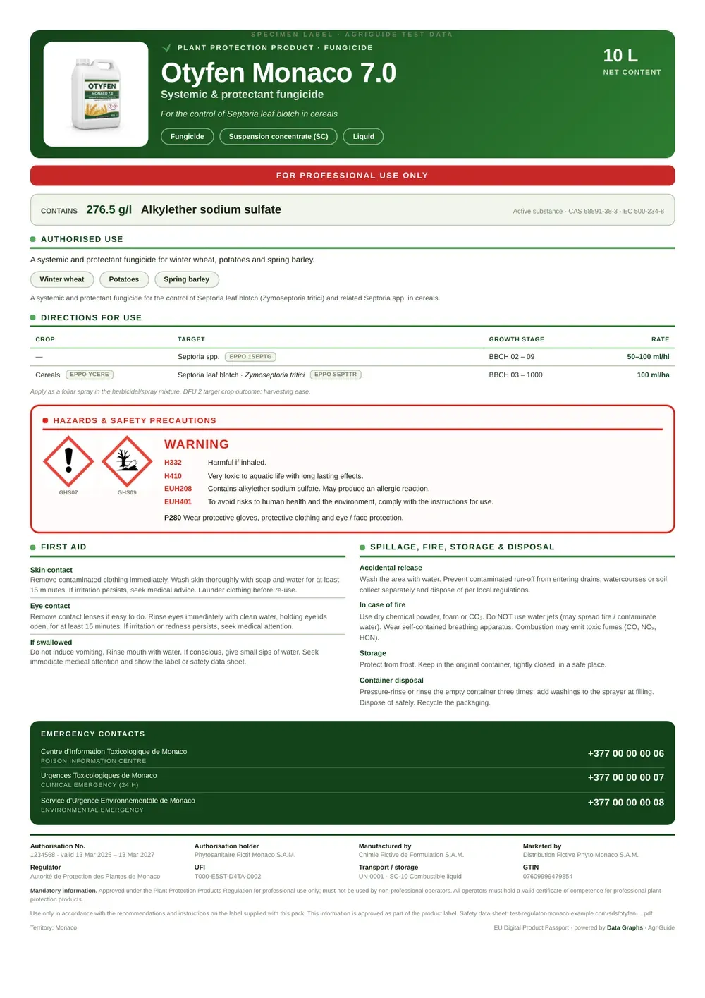 Das Produktetikett des Fungizids Otyfen Monaco 7.0 als flaches PDF, dicht mit regulatorischem Text.